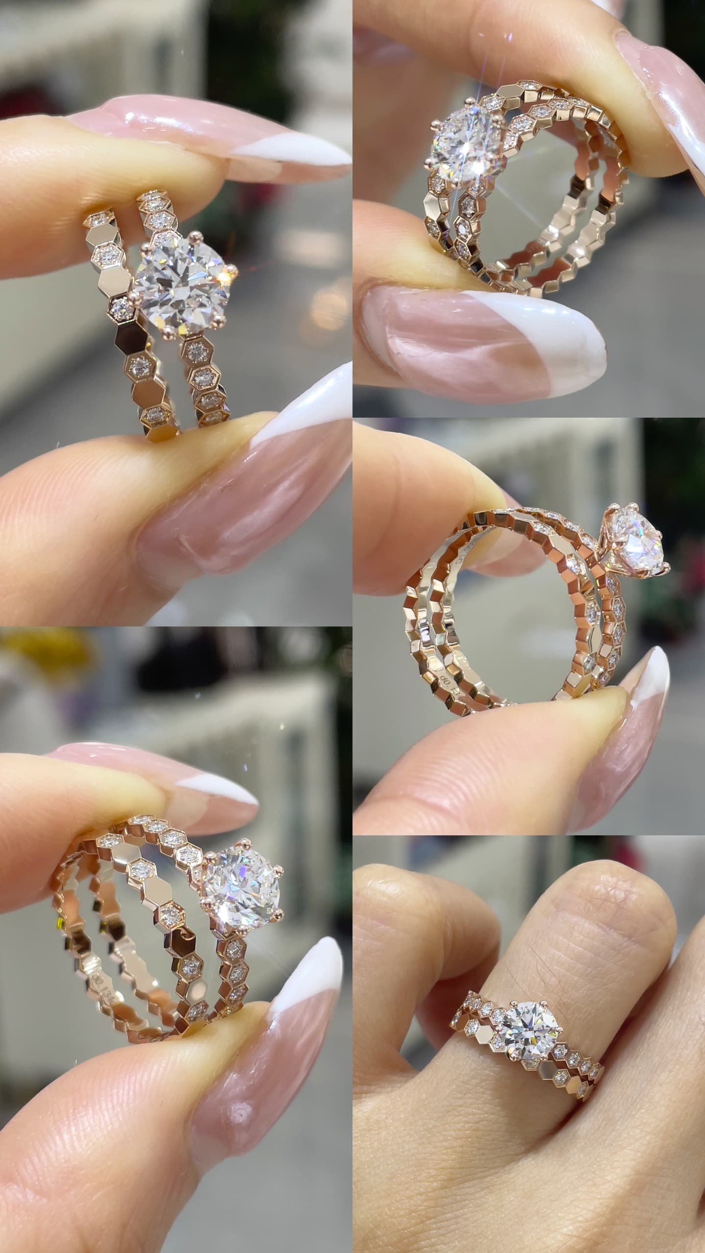 18K 1克拉 蜂巢疊戴鑽戒 18K 金戒台，主鑽 1 克拉，蜂巢造型可疊戴設計。 - 視角 9