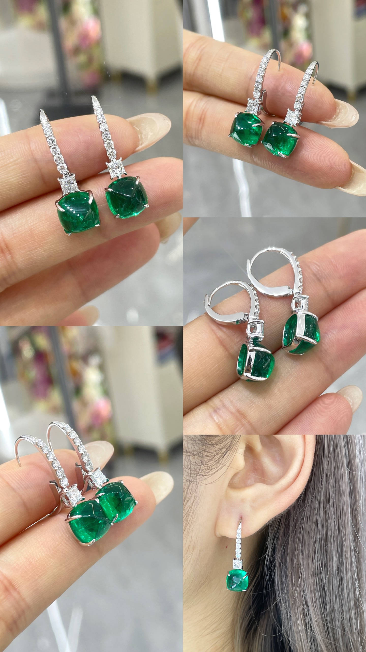18K 白金祖母綠耳環
